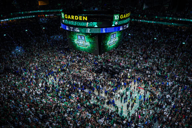 The view after the Boston Celtics celebrate beating the Dallas Mavericks in Game 5 to win the 2024 NBA Finals at TD Garden.