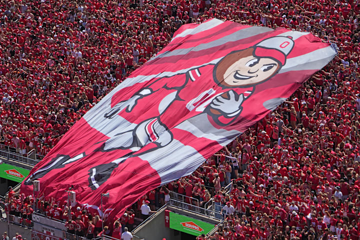 A giant Brutus is unfurled in the south stands after a touchdown during the Texas at Ohio State football game 