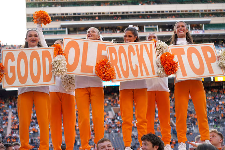 The Tennessee Volunteers cheerleaders perform during a game between the Tennessee Volunteers and UTEP Miners at Neyland S