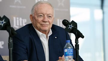 Jan 27, 2025; Frisco, TX, USA;   Dallas Cowboys owner Jerry Jones speaks to the media at a press conference at the Star.  Mandatory Credit: Tim Heitman-Imagn Images
