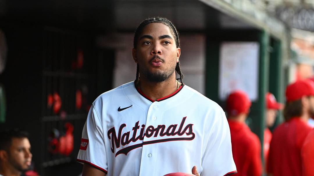 Jun 15, 2026; Washington, District of Columbia, USA; Washington Nationals designated hitter James Wood (29) in the dugout against the Kansas City Royals  at Nationals Park. Mandatory Credit: Brad Mills-Imagn Images