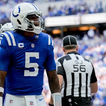 Indianapolis Colts quarterback Anthony Richardson (5) celebrates after scoring a touchdown Sunday, Sept. 8, 2024, during a game against the Houston Texans at Lucas Oil Stadium in Indianapolis.