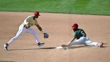 Victor Scott II steals second at the 2023 All-Star Futures Game