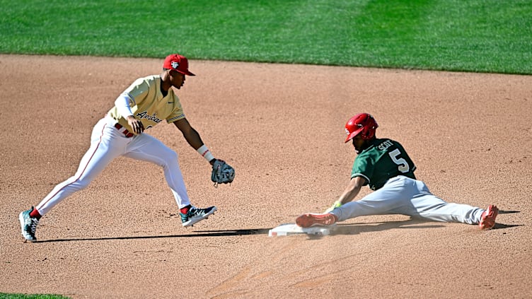 Victor Scott II steals second at the 2023 All-Star Futures Game