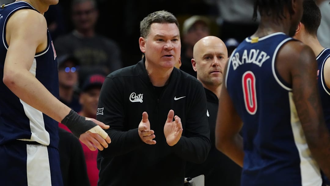 Mar 7, 2026; Boulder, Colorado, USA; Arizona Wildcats head coach Tommy Lloyd reacts in the second half against the Colorado Buffaloes at the CU Events Center. Mandatory Credit: Ron Chenoy-Imagn Images