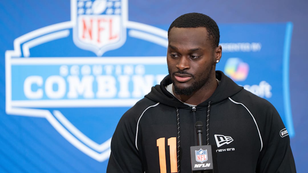 Feb 27, 2026; Indianapolis, IN, USA; Notre Dame running back Jeremiyah Love (RB11) speaks to members of the media during the NFL Combine at the Indiana Convention Center. Mandatory Credit: Jacob Musselman-Imagn Images