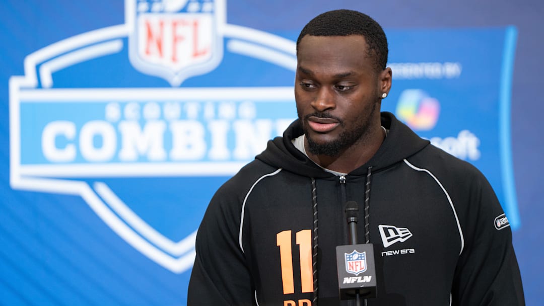 Feb 27, 2026; Indianapolis, IN, USA; Notre Dame running back Jeremiyah Love (RB11) speaks to members of the media during the NFL Combine. Feb 27, 2026; Indianapolis, IN, USA; Notre Dame running back Jeremiyah Love (RB11) speaks to members of the media during the NFL Combine.