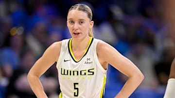 May 19, 2025; Arlington, Texas, USA;  Dallas Wings guard Paige Bueckers (5) in action during the game between the Dallas Wings and the Seattle Storm at College Park Center. Mandatory Credit: Jerome Miron-Imagn Images