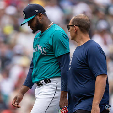 Seattle Mariners relief pitcher Gregory Santos (48) leaves a game against the Los Angeles Angels during the eighth inning at T-Mobile Park on July 24.