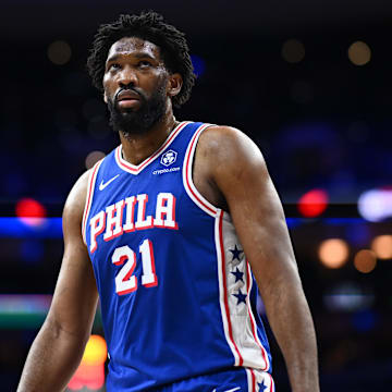  Philadelphia 76ers center Joel Embiid (21) looks on against the Dallas Mavericks in the third quarter at Wells Fargo Center. 