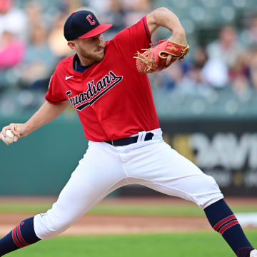 Sep 16, 2023; Cleveland, Ohio, USA; Cleveland Guardians starting pitcher Tanner Bibee (61) throws a pitch during the first inning against the Texas Rangers at Progressive Field. Mandatory Credit: Ken Blaze-USA TODAY Sports