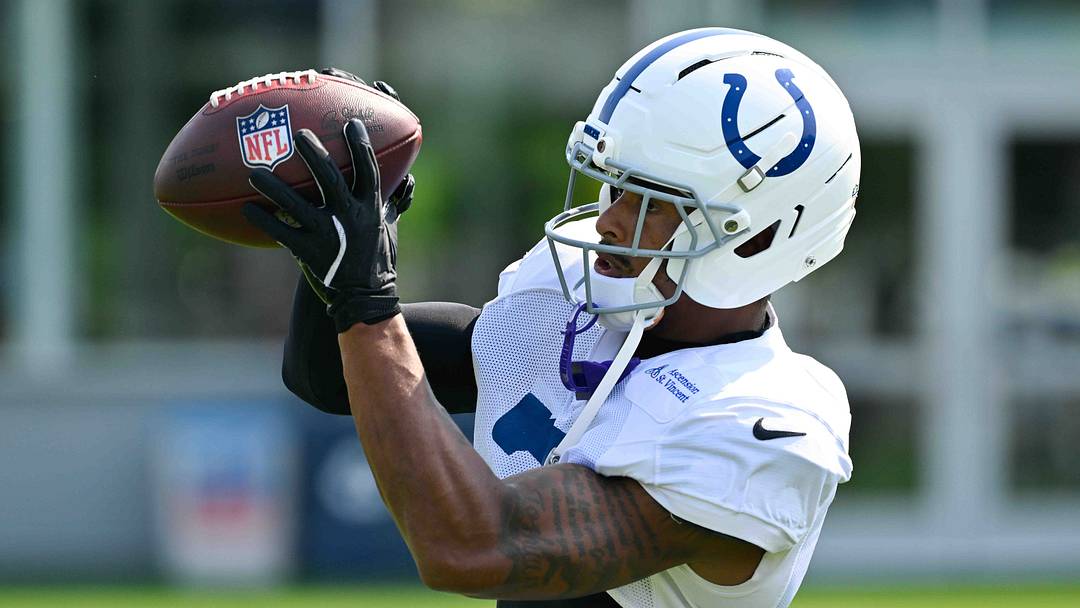 Indianapolis Colts wide receiver Josh Downs (2) catches a pass during training camp at Gillette Stadium.