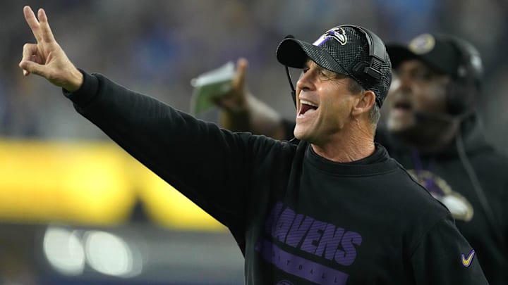 Nov 25, 2024; Inglewood, California, USA; Baltimore Ravens coach John Harbaugh reacts against the Los Angeles Chargers in the second half at SoFi Stadium. Mandatory Credit: Kirby Lee-Imagn Images