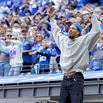 Sep 8, 2024; Indianapolis, Indiana, USA; Indiana Pacers point guard Tyrese Haliburton cheers Sunday, Sept. 8, 2024, during a game between the Indianapolis Colts and the Houston Texans at Lucas Oil Stadium. Mandatory Credit: Grace Hollars/USA TODAY Network via Imagn Images