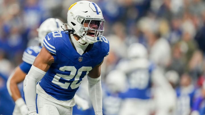 Indianapolis Colts safety Nick Cross (20) reacts after making an interception Saturday, Dec. 16, 2023, during a game against the Pittsburgh Steelers at Lucas Oil Stadium in Indianapolis.