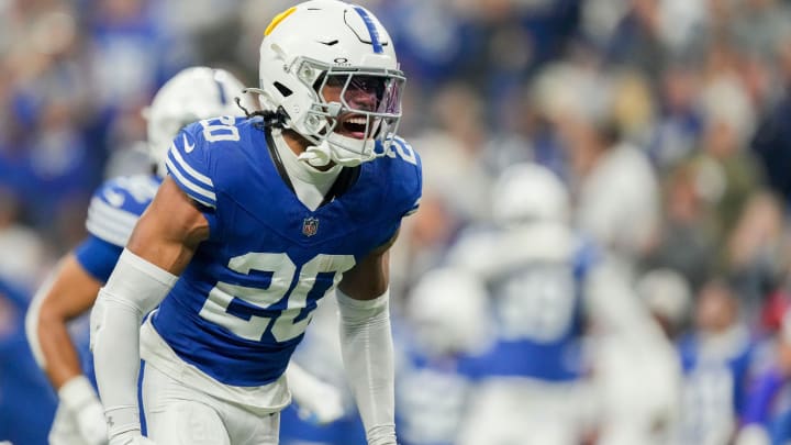 Indianapolis Colts safety Nick Cross (20) reacts after making an interception Saturday, Dec. 16, 2023, during a game against the Pittsburgh Steelers at Lucas Oil Stadium in Indianapolis.