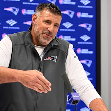 May 9, 2025; Foxborough, MA, USA;  New England Patriots head coach Mike Vrabel speaks the to media during a press conference at Gillette Stadium. Mandatory Credit: Eric Canha-Imagn Images