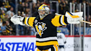 Nov 16, 2025; Stockholm, SWEDEN; Pittsburgh Penguins goaltender Sergei Murashov (1) warms up before playing against the Nashville Predators in a Global Series ice hockey game at Avicii Arena. Mandatory Credit: Per Haljestam-Imagn Images