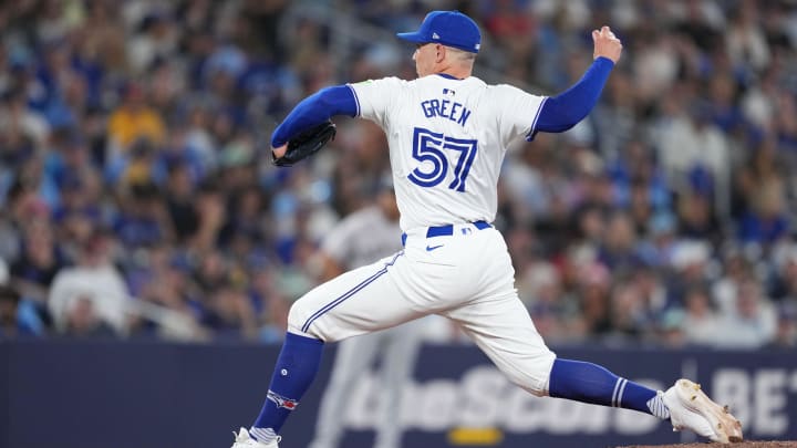 Jun 30, 2024; Toronto, Ontario, CAN; Toronto Blue Jays relief pitcher Chad Green (57) throws pitch against the New York Yankees during the eighth inning at Rogers Centre