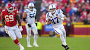 Nov 23, 2025; Kansas City, Missouri, USA; Indianapolis Colts quarterback Daniel Jones (17) runs against the Kansas City Chiefs in the second half at GEHA Field at Arrowhead Stadium. Mandatory Credit: Jay Biggerstaff-Imagn Images
