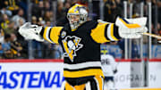 Nov 16, 2025; Stockholm, SWEDEN; Pittsburgh Penguins goaltender Sergei Murashov (1) warms up before playing against the Nashville Predators in a Global Series ice hockey game at Avicii Arena. Mandatory Credit: Per Haljestam-Imagn Images