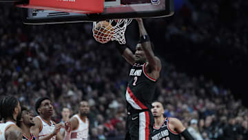 Feb 1, 2025; Portland, Oregon, USA; Portland Trail Blazers center Deandre Ayton (2) dunks the ball during the second half against the Phoenix Suns at Moda Center. Mandatory Credit: Soobum Im-Imagn Images