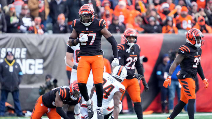 Cincinnati Bengals safety Jordan Battle (27) celebrates after a stop in the third quarter of the NFL Week 16 game between the Cincinnati Bengals and the Cleveland Browns at Paycor Stadium in downtown Cincinnati on Sunday, Dec. 22, 2024. The Bengals won 24-16. Cincinnati Bengals safety Jordan Battle (27) celebrates after a stop in the third quarter of the NFL Week 16 game between the Cincinnati Bengals and the Cleveland Browns at Paycor Stadium in downtown Cincinnati on Sunday, Dec. 22, 2024. The Bengals won 24-16.