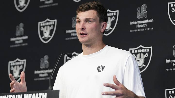Las Vegas Raiders quarterback Fernando Mendoza speaks during a news conference at the team’s Rookie Minicamp.
