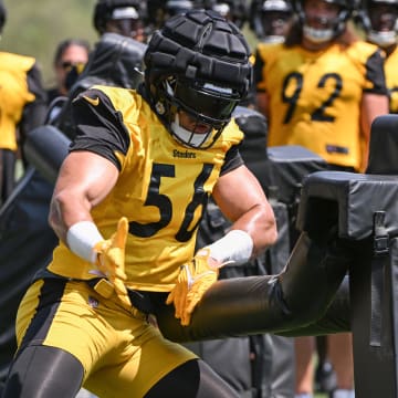 Jul 27, 2024; Latrobe, PA, USA; Pittsburgh Steelers linebacker Alex Highsmith (56) participates in drills during training camp at Saint Vincent College. Mandatory Credit: Barry Reeger-USA TODAY Sports