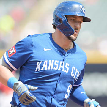 Aug 28, 2024; Cleveland, Ohio, USA; Kansas City Royals first baseman Vinnie Pasquantino (9) rounds the bases after hitting a home run during the first inning against the Cleveland Guardians at Progressive Field. Mandatory Credit: Ken Blaze-USA TODAY Sports