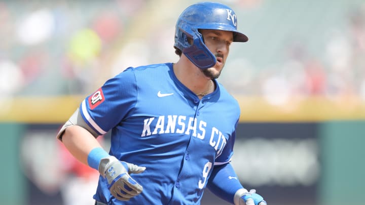 Aug 28, 2024; Cleveland, Ohio, USA; Kansas City Royals first baseman Vinnie Pasquantino (9) rounds the bases after hitting a home run during the first inning against the Cleveland Guardians at Progressive Field. Mandatory Credit: Ken Blaze-USA TODAY Sports