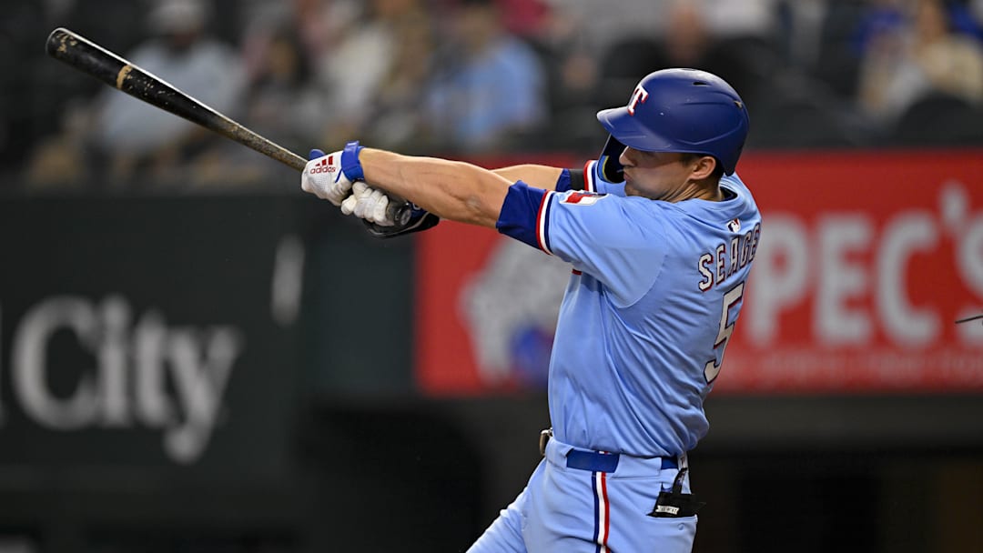 Apr 20, 2025; Arlington, Texas, USA; Texas Rangers shortstop Corey Seager (5) bats during the game between the Texas Rangers and the Los Angeles Dodgers at Globe Life Field. Apr 20, 2025; Arlington, Texas, USA; Texas Rangers shortstop Corey Seager (5) bats during the game between the Texas Rangers and the Los Angeles Dodgers at Globe Life Field.
