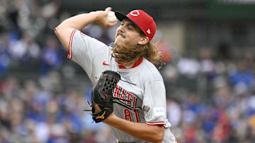 Sep 28, 2024; Chicago, Illinois, USA;  Cincinnati Reds pitcher Rhett Lowder (81) delivers against the Chicago Cubs during the first inning at Wrigley Field. Mandatory Credit: Matt Marton-Imagn Images