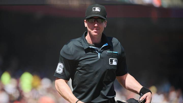 Aug 26, 2023; San Francisco, California, USA; Home plate umpire Alex Tosi (66) smiles before the start of the seventh inning of the game between the Atlanta Braves and the San Francisco Giants at Oracle Park.
