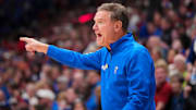 Dec 2, 2025; Lawrence, Kansas, USA; Kansas Jayhawks head coach Bill Self reacts to play against the UConn Huskies during the second half of the game at Allen Fieldhouse. Mandatory Credit: Denny Medley-Imagn Images
