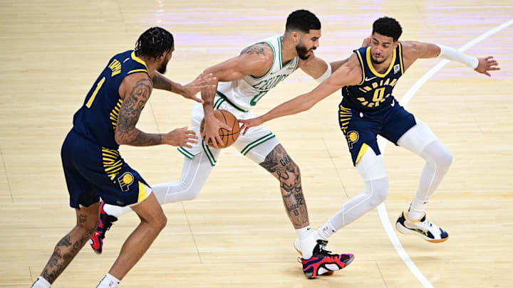 Indiana Pacers guard Tyrese Haliburton, Boston Celtics forward Jayson Tatum