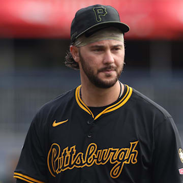 Sep 7, 2025; Pittsburgh, Pennsylvania, USA; Pittsburgh Pirates pitcher Paul Skenes (30) walks in the outfield before the game against the Milwaukee Brewers at PNC Park. Mandatory Credit: Charles LeClaire-Imagn Images