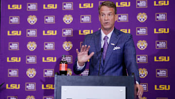 Dec 1, 2025; Baton Rouge, LA, USA; LSU new head coach Lane Kiffin speaks at South Stadium Club at Tiger Stadium. Mandatory Credit: Matthew Hinton-Imagn Images