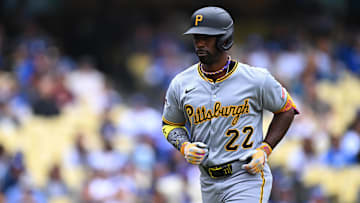 Apr 27, 2025; Los Angeles, California, USA; Pittsburgh Pirates outfielder Andrew McCutchen (22) reacts after hitting a home run during the first inning against the Los Angeles Dodgers at Dodger Stadium. Mandatory Credit: Jonathan Hui-Imagn Images