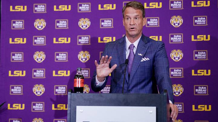 Dec 1, 2025; Baton Rouge, LA, USA; LSU new head coach Lane Kiffin speaks at South Stadium Club at Tiger Stadium. Mandatory Credit: Matthew Hinton-Imagn Images