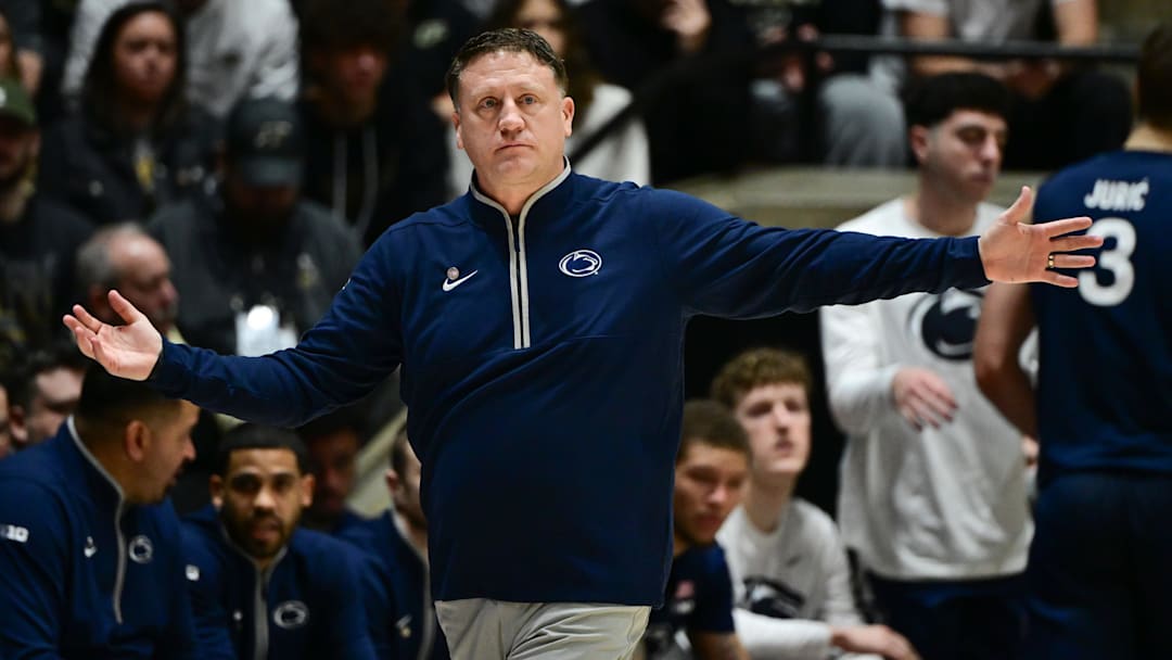 Penn State Nittany Lions head coach Mike Rhoades reacts to a call during the first half against the Purdue Boilermakers at Mackey Arena. 