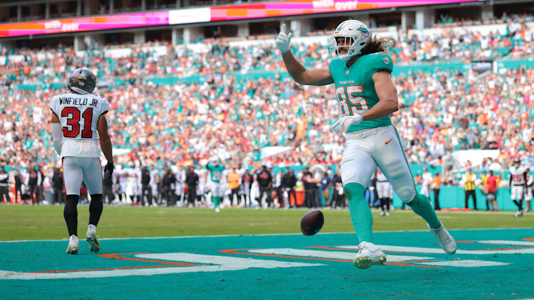Miami Dolphins tight end Greg Dulcich (85) celebrates after scoring a touchdown during the second quarter against the Tampa Bay Buccaneers at Hard Rock Stadium last December.