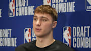 May 14, 2025; Chicago, Il, USA; Cooper Flagg talks to the media during the 2025 NBA Draft Combine at Marriott Marquis Chicago. Mandatory Credit: David Banks-Imagn Images