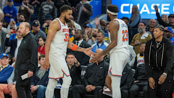 Mar 15, 2025; San Francisco, California, USA; New York Knicks center Karl-Anthony Towns (32) fouls out of the game against the Golden State Warriors during the fourth quarter at Chase Center. Mandatory Credit: Neville E. Guard-Imagn Images