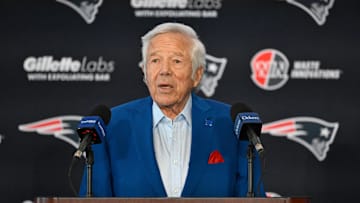 Jan 13, 2025; Foxborough, MA, USA; New England Patriots owner Robert Kraft introduces Mike Vrabel (not photographed) as the new head coach of the New England Patriots at Gillette Stadium. Mandatory Credit: Eric Canha-Imagn Images