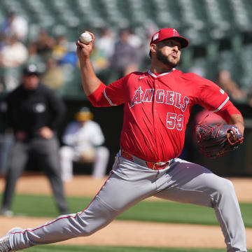 Los Angeles Angels relief pitcher Carlos Estevez (53) throws a pitch against the Oakland Athletics during the ninth inning at Oakland-Alameda County Coliseum on July 21.