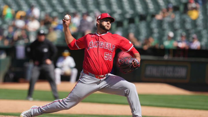 Los Angeles Angels relief pitcher Carlos Estevez (53) throws a pitch against the Oakland Athletics during the ninth inning at Oakland-Alameda County Coliseum on July 21.