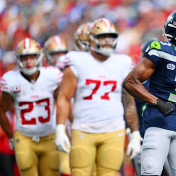 Sep 7, 2025; Seattle, Washington, USA; Seattle Seahawks safety Nick Emmanwori (3) celebrates after a play during the first half against San Francisco 49ers at Lumen Field. Mandatory Credit: Steven Bisig-Imagn Images