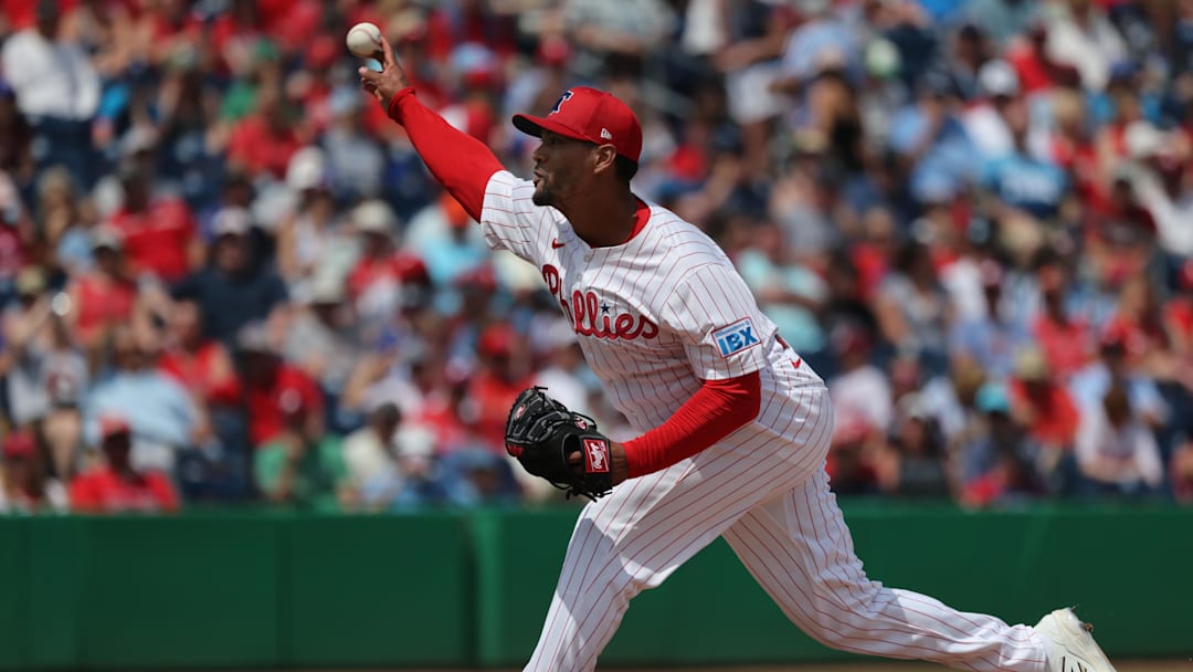 Mar 24, 2025; Clearwater, Florida, USA;  Philadelphia Phillies pitcher Joe Ross (41) throws a pitch during the fifth inning against the Tampa Bay Rays at BayCare Ballpark. Kim Klement Neitzel-Imagn Images