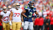 Sep 7, 2025; Seattle, Washington, USA; Seattle Seahawks safety Nick Emmanwori (3) celebrates after a play during the first half against San Francisco 49ers at Lumen Field. Mandatory Credit: Steven Bisig-Imagn Images